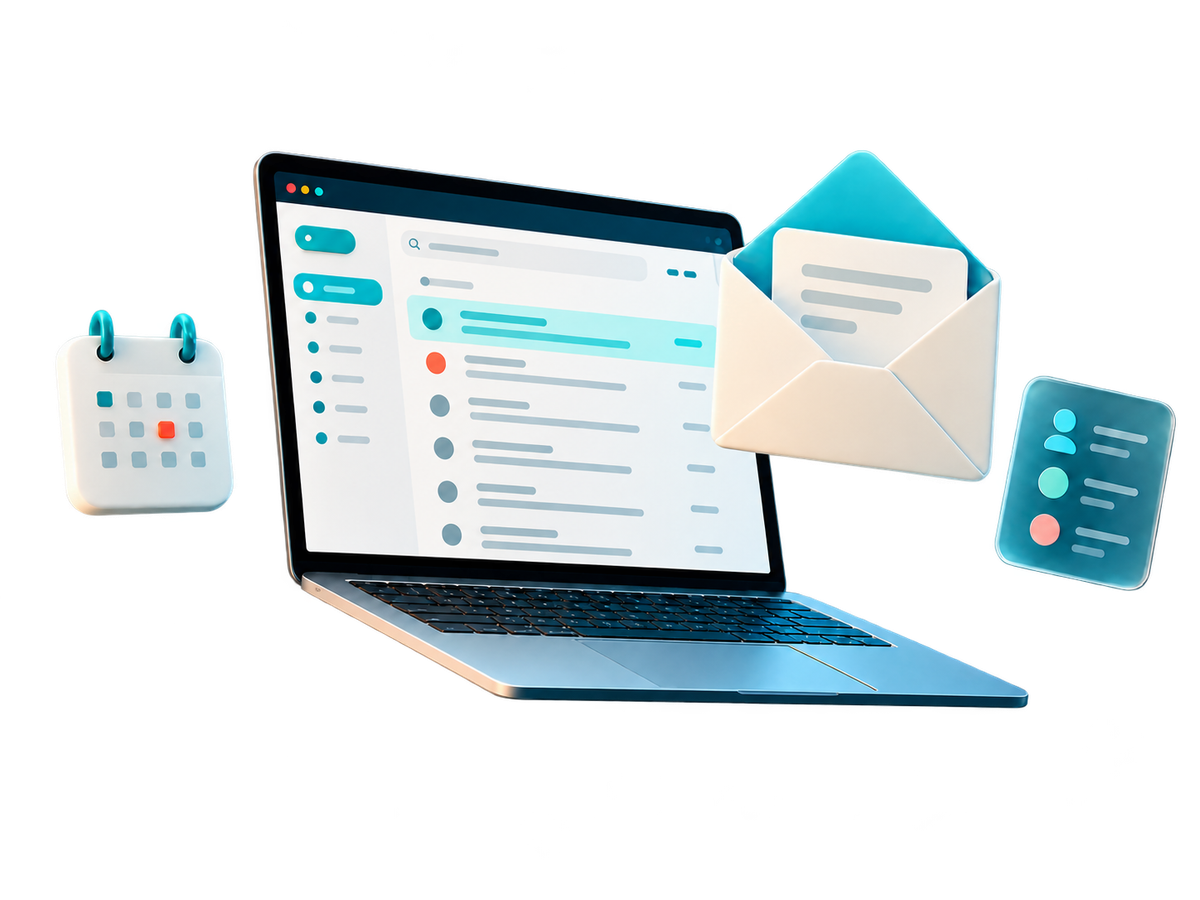 Ilustração de um notebook com email, calendário e contatos organizados.