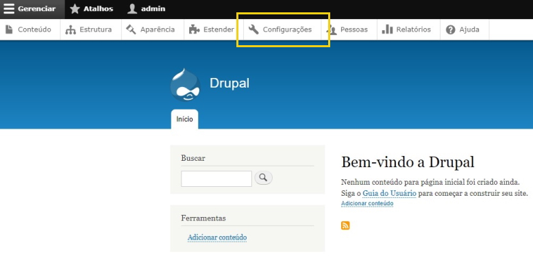 Painel administrativo do Drupal com o menu superior e a opção Configurações destacada