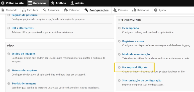 Tela de Configurações do Drupal com a opção Backup and Migrate destacada na seção Desenvolvimento