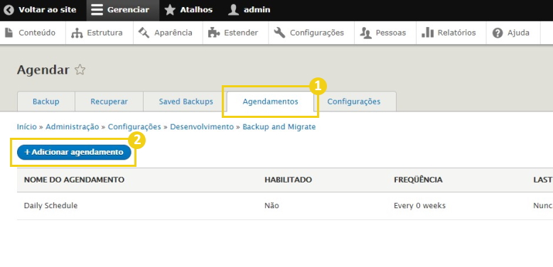 Módulo Backup and Migrate do Drupal com a aba Agendamentos (1) e o botão Adicionar agendamento destacados (2)