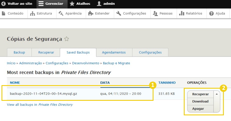 Aba Saved Backups do Drupal listando um backup gerado com as opções Recuperar, Download e Apagar destacadas