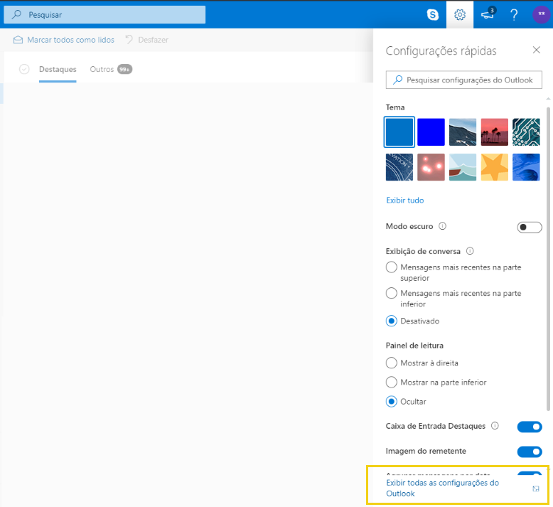 Painel de Configurações rápidas do Outlook, com o link "Exibir todas as configurações do Outlook" destacado no final