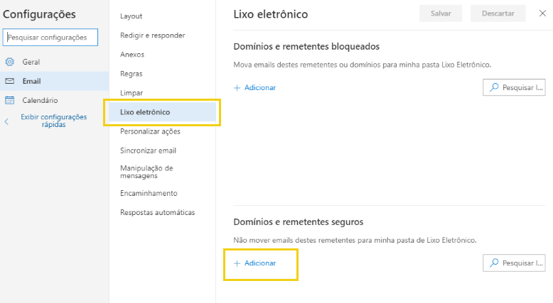 Tela de Configurações do Outlook com a opção Lixo eletrônico selecionada e o botão + Adicionar destacado em Domínios e remetentes seguros