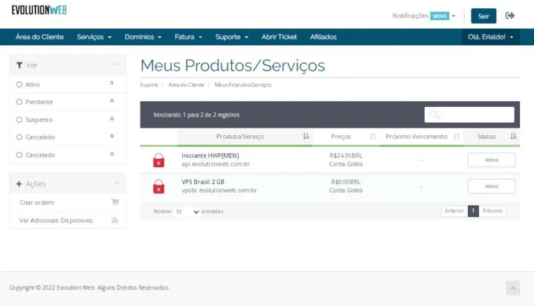 Portal do cliente EvolutionWeb